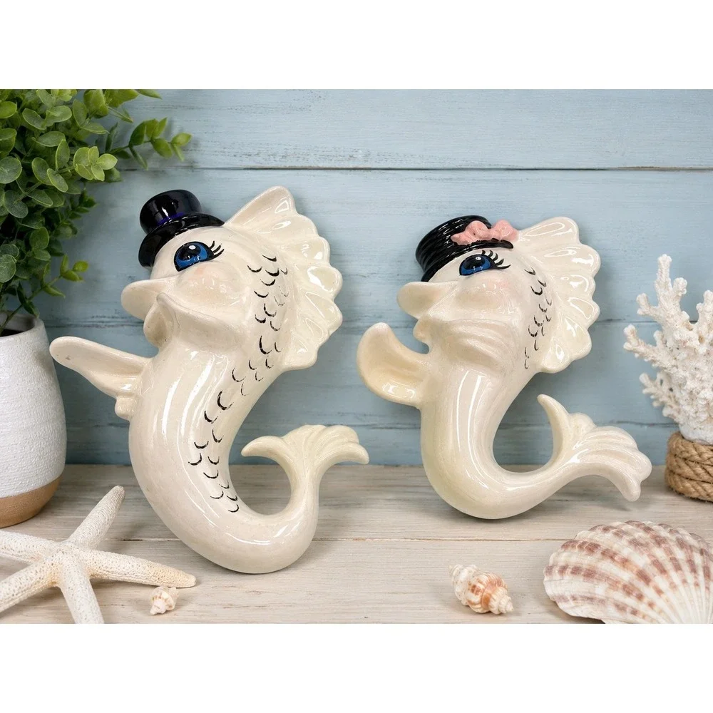 Arnels Vintage Anthropomorphic Fish Wall Plaques Retro Coastal Ceramic Pair‎